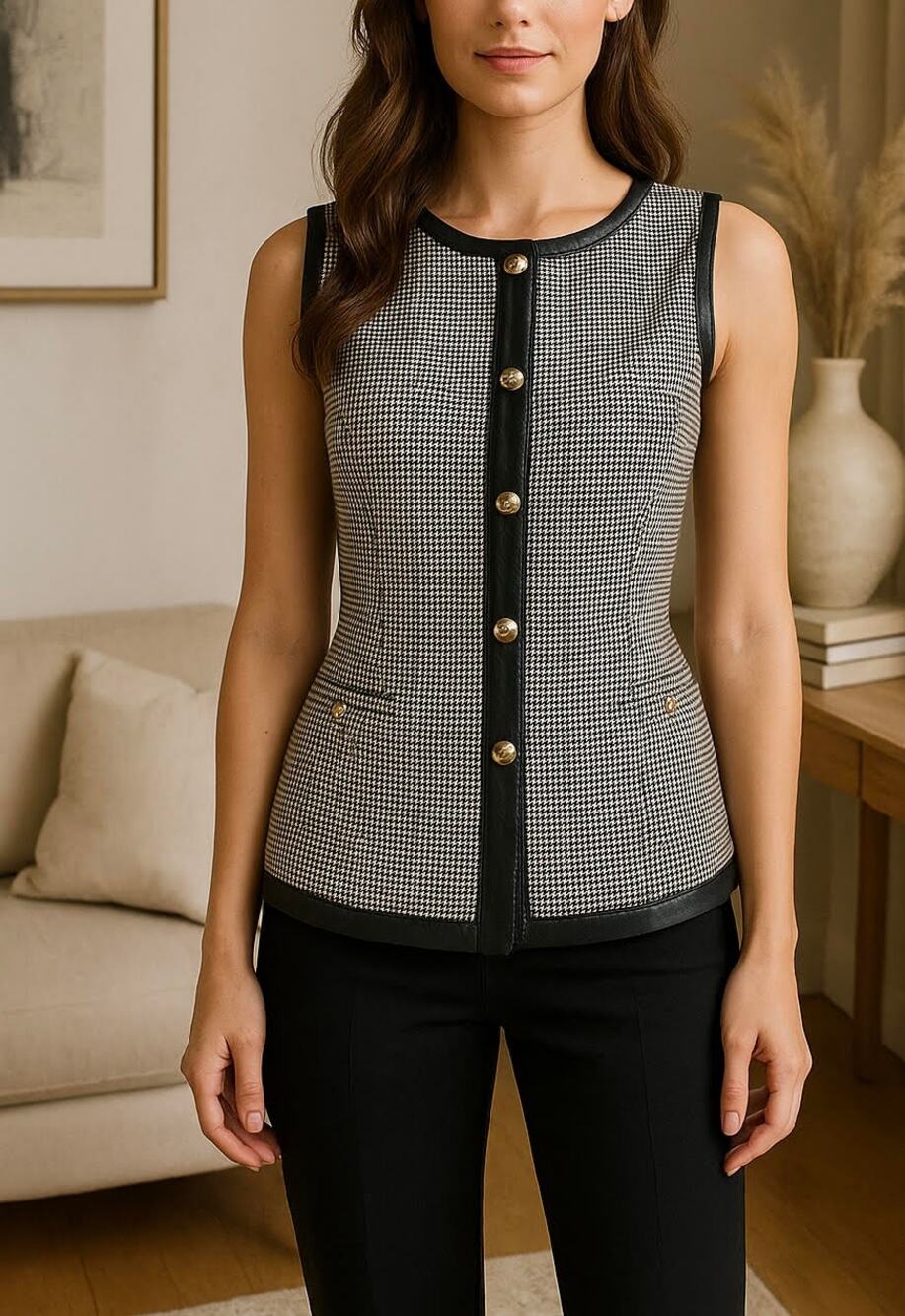Simkhai Cressida Sleeveless Button Down Top Black White Check Size 2 NWT